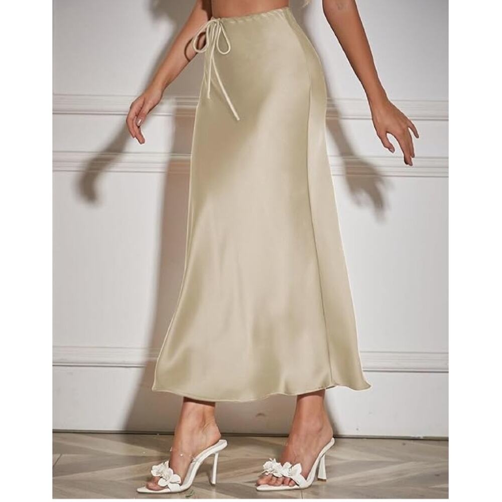 Women's Maxi Skirts Satin Drawstring High Waisted Silk Elegant Flowy Casual - Picture 4 of 4